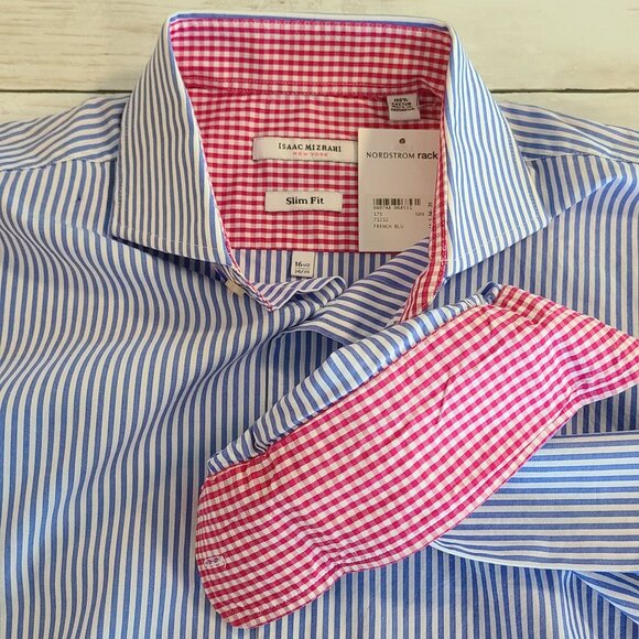 Isaac Mizrahi Mens Blue Stripe Slim Fit Button Up Shirt Dress Classic Career NEW - Picture 1 of 6